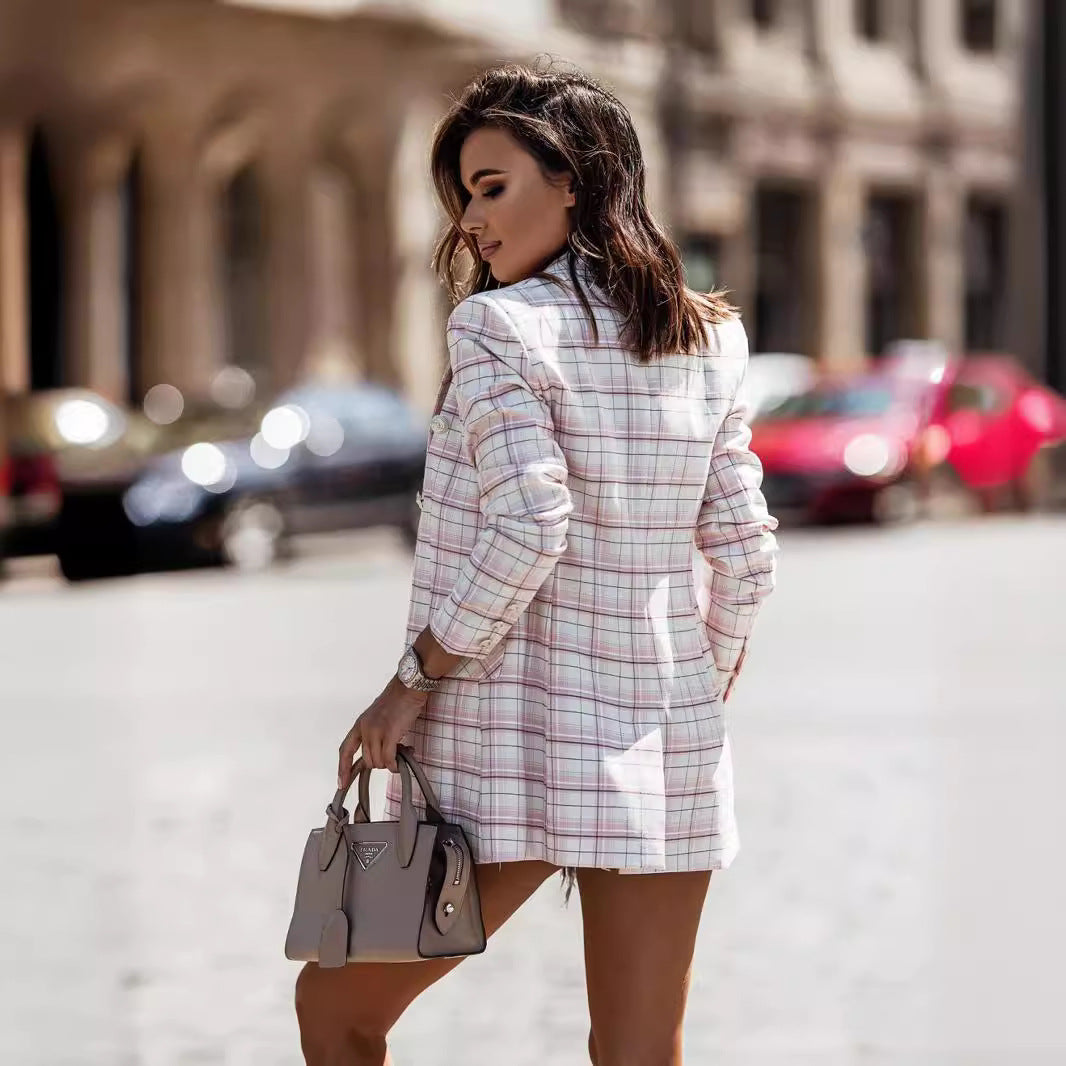 Damen Karierter Blazer mit doppelter Knopfreihe und eleganten Details Drune