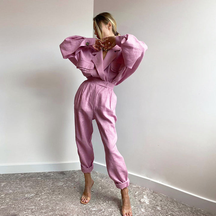 Damen modisches Leinen-Jumpsuit mit voluminösen Ärmeln und eleganter Bindegürtel Drune