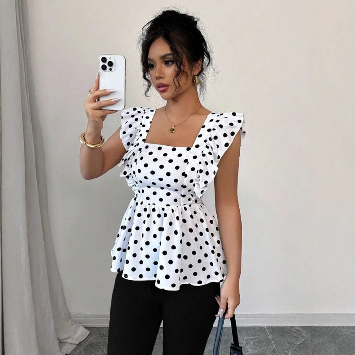 Damen Top mit Rüschendetails und Punkten Drune