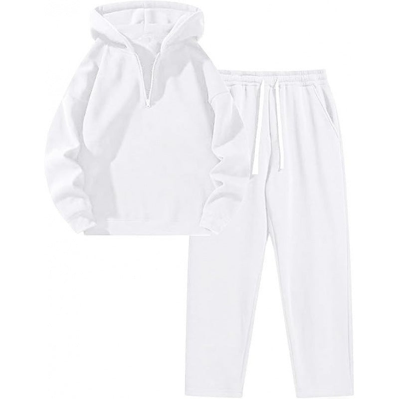 Damen nan Relax-Set mit kurzem Halbzip, übergroßer Kapuze und taillenhoher tapered Jogginghose Drune