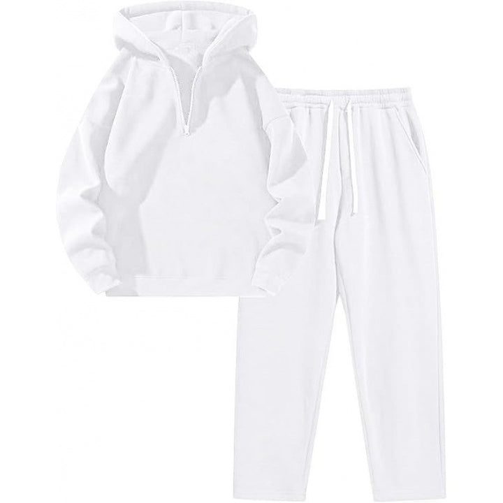 Damen nan Relax-Set mit kurzem Halbzip, übergroßer Kapuze und taillenhoher tapered Jogginghose Drune