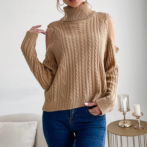 Damen Strickpullover mit Off-Shoulder-Design und hohen Kragen Drune
