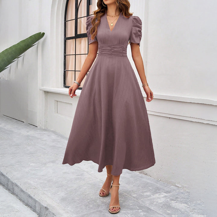 Damen Midi Kleid mit Puffärmeln und V-Ausschnitt Drune