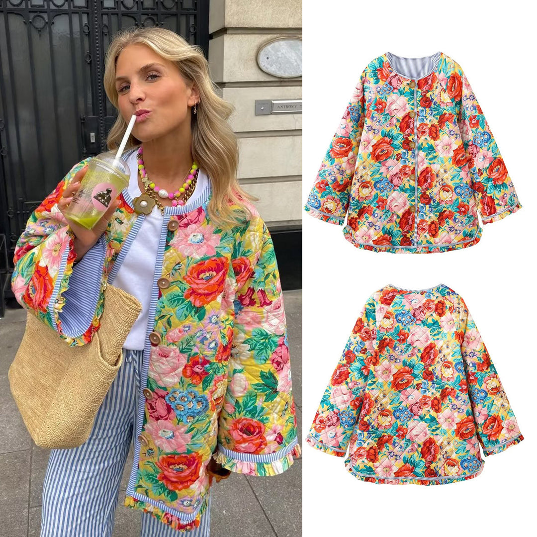 Damen Überwurfjacke mit buntem Blumenmuster und dekorativen Knöpfen Drune