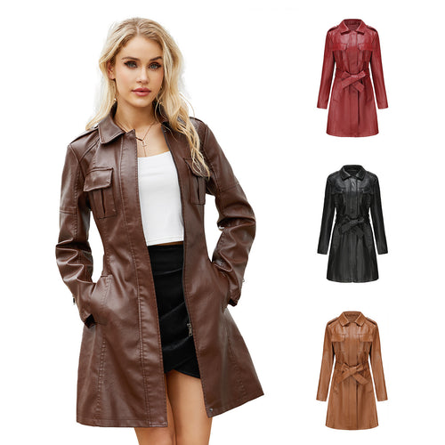 Damen modischer Trenchcoat aus hochwertigem Kunstleder Drune
