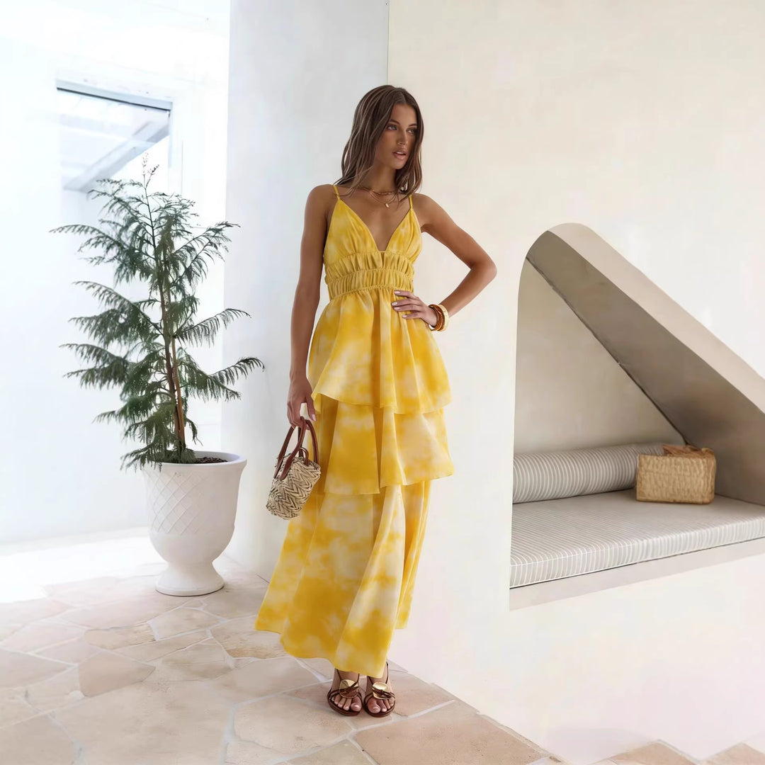 Damen Maxikleid mit voluminösen Rüschenschichten und V-Ausschnitt Drune