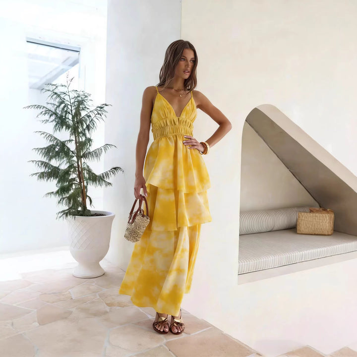 Damen Maxikleid mit voluminösen Rüschenschichten und V-Ausschnitt Drune