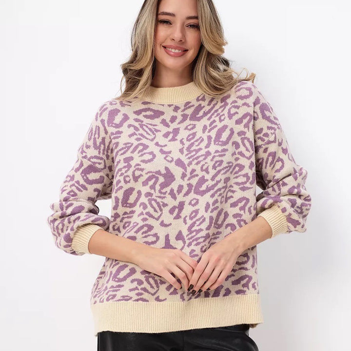 Damen komfortabler Strickpullover mit modernem Leo-Muster und gerippten Abschlüssen Drune