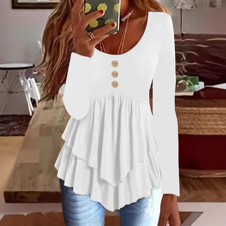 Damen Langarm Blusenshirt mit mehrlagigem Design und dekorativen Knopfdetails Drune