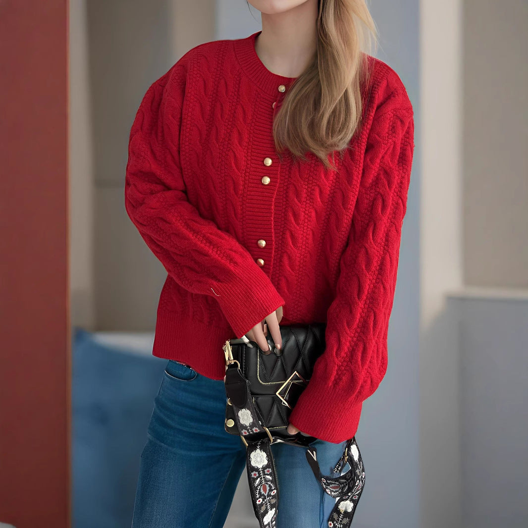 Damen Grobstrickjacke mit dekorativen Knöpfen und Kabelmuster Drune