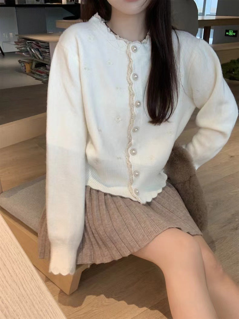 Damen Elegante Strickjacke mit perlverzierten Knöpfen und strukturiertem Design Drune