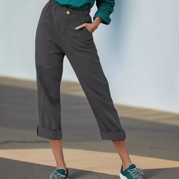 Damen Elegante Leinenhose mit breitem Bein und umschlagenem Saum Drune