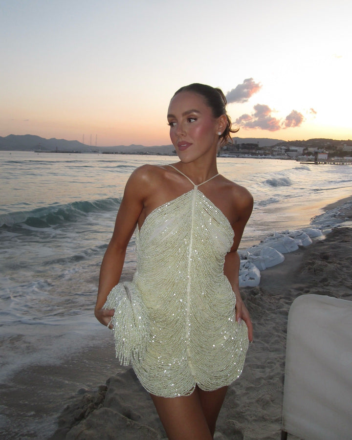 Damen Glitzerndes Minikleid mit raffinierten Perlenakzenten Drune