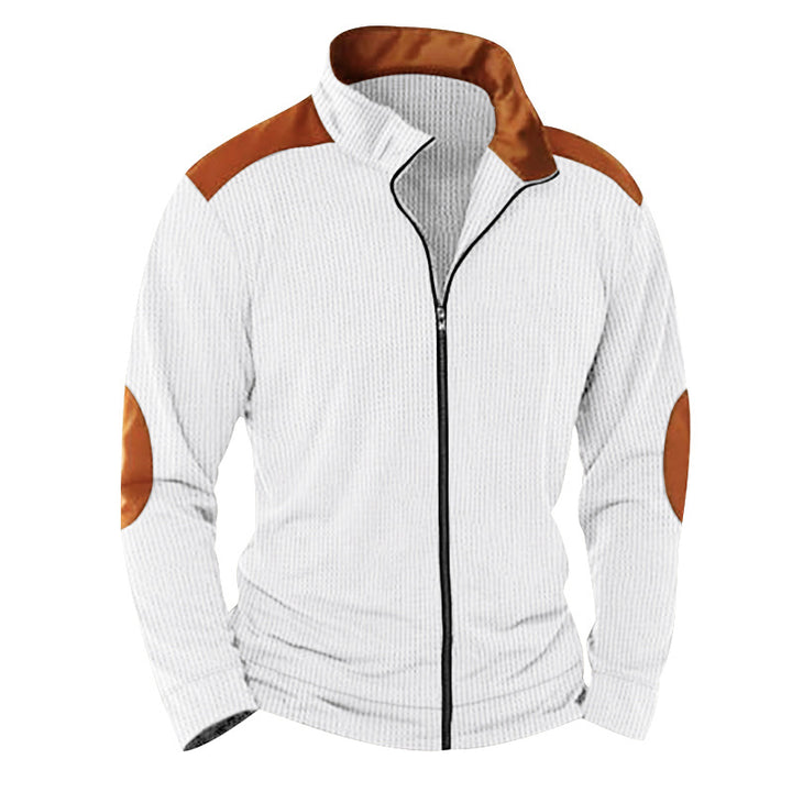 Herren nan strukturierte Strick‑Hybridjacke mit Stehkragen Kontrasteinsätzen und Ellbogenpatches Drune