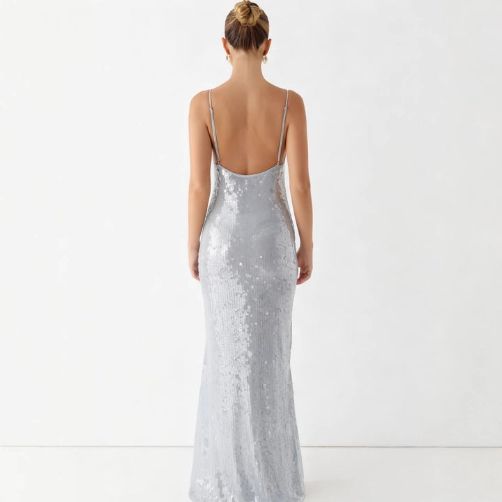 Damen Glamouröses Pailletten-Maxikleid mit schmalem Schnitt und feinen Spaghettiträgern Drune