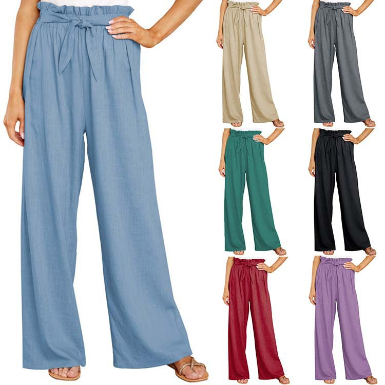 Damen nan Leinenhose mit Paperbag-Bund und weitem Bein Drune
