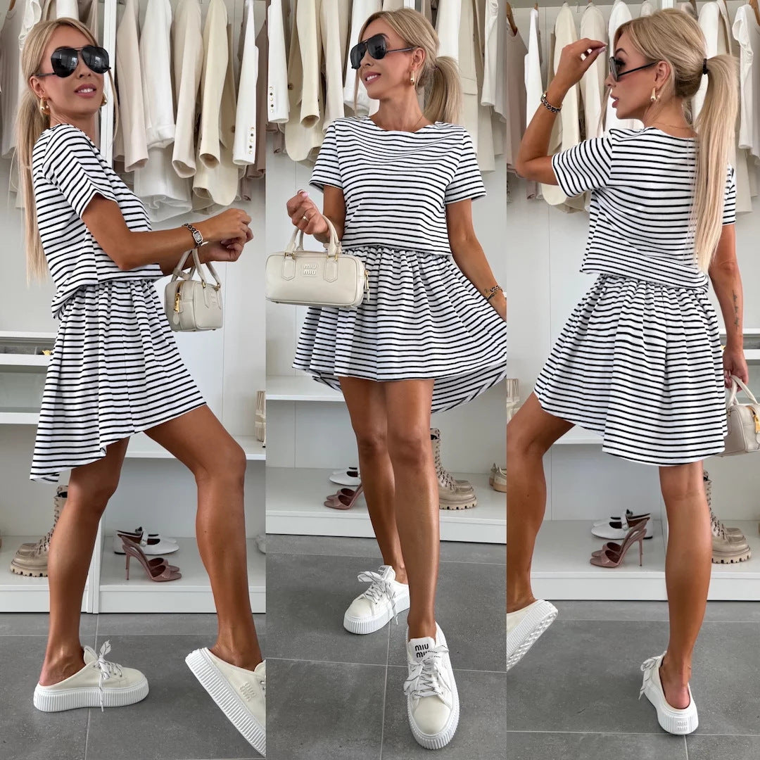 Damen lässiges Streifen-Jerseykleid mit fließendem Saum