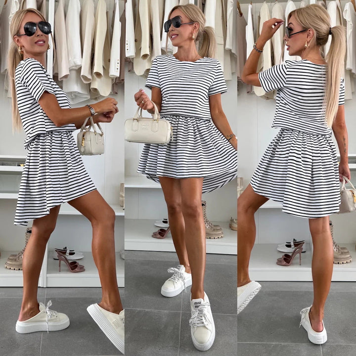 Damen lässiges Streifen-Jerseykleid mit fließendem Saum