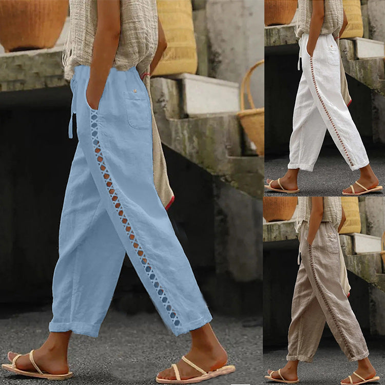Damen Leinenhose mit seitlichen Spitzenakzenten und lässigem Schnitt Drune