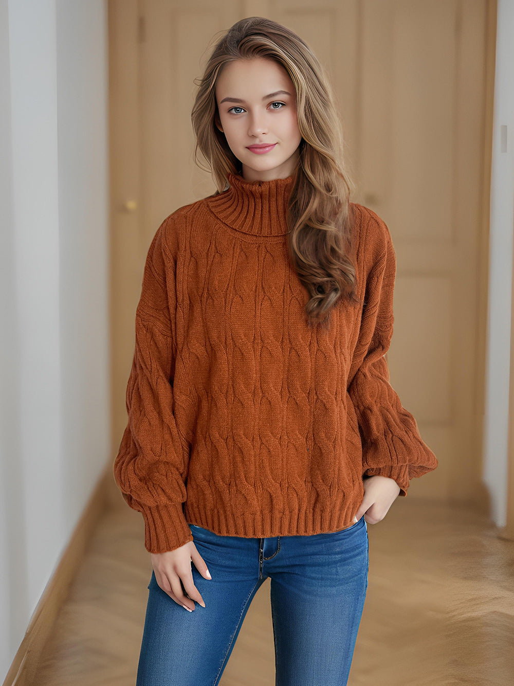 Damen Strickpullover mit hohem Kragen und strukturierter Zopfoptik Drune