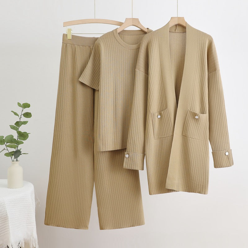 Damen Strick-Loungewear Set mit langen Ärmeln und praktischen Taschen Drune