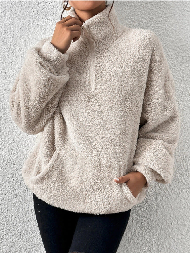 Drune Plüsch-Kängurutaschen-Stehkragen-Sweatshirt