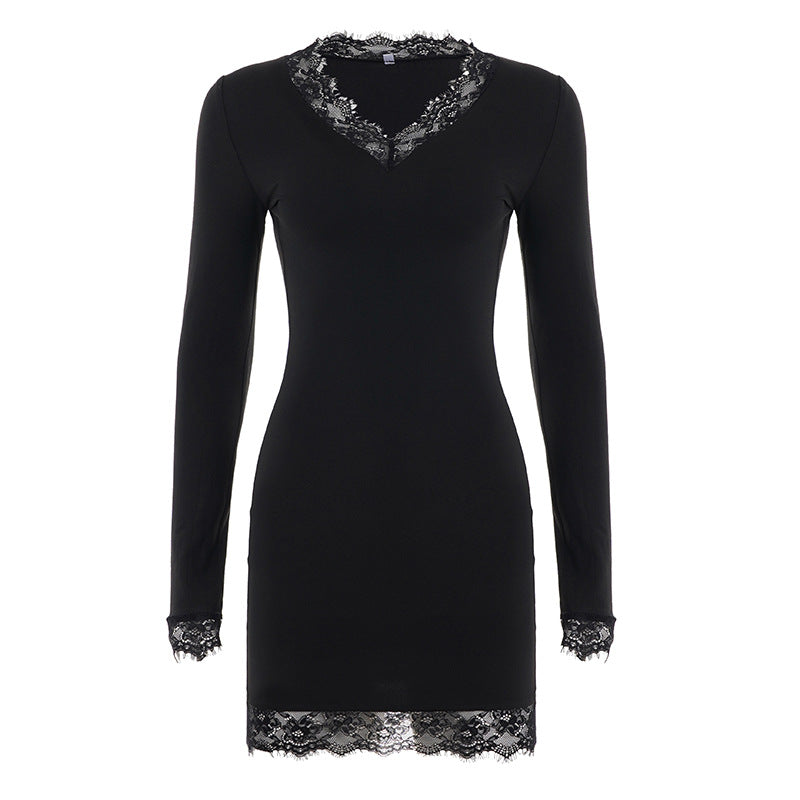 Damen nan figurbetontes Langarm-Midikleid mit tiefem V-Ausschnitt und floraler Spitzenkante Drune