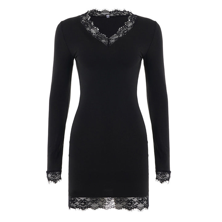 Damen nan figurbetontes Langarm-Midikleid mit tiefem V-Ausschnitt und floraler Spitzenkante Drune