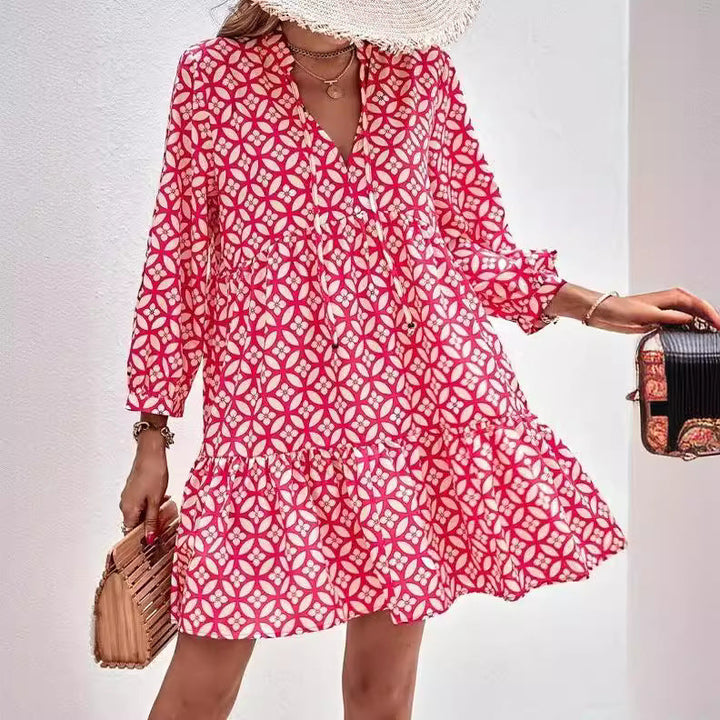 Damen Boho-Style Sommerkleid mit fließendem Schnitt und Rüschendetails Drune