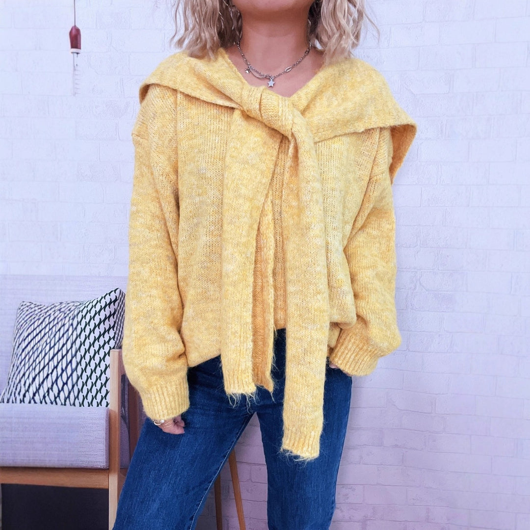 Damen lässiger Strickpullover mit abnehmbarer Kapuze und Knopfdetails Drune