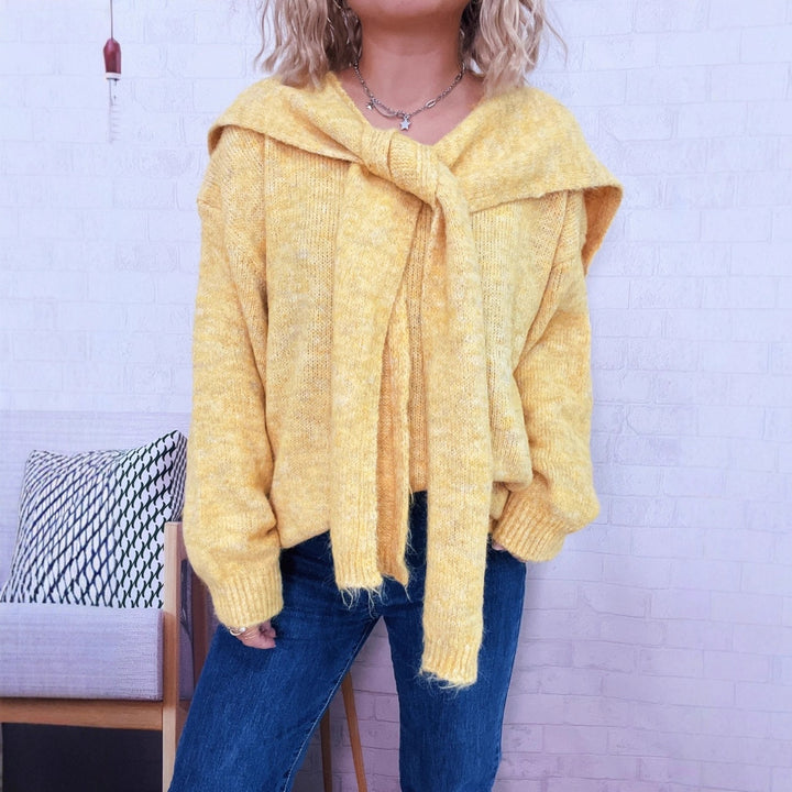 Damen lässiger Strickpullover mit abnehmbarer Kapuze und Knopfdetails Drune