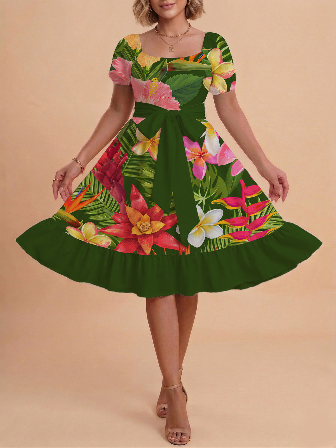 Damen modernes Blumenkleid mit elegantem Taillengürtel und asymmetrischem Saum Drune