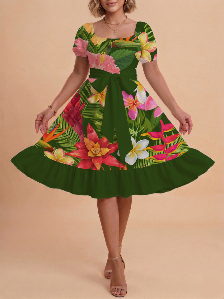 Damen modernes Blumenkleid mit elegantem Taillengürtel und asymmetrischem Saum Drune