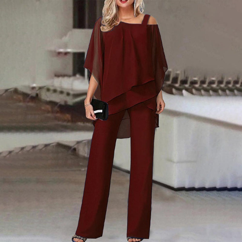 Damen elegantes zwei-teiliges Outfit mit asymmetrischem Oberteil und weiten Hosen Drune