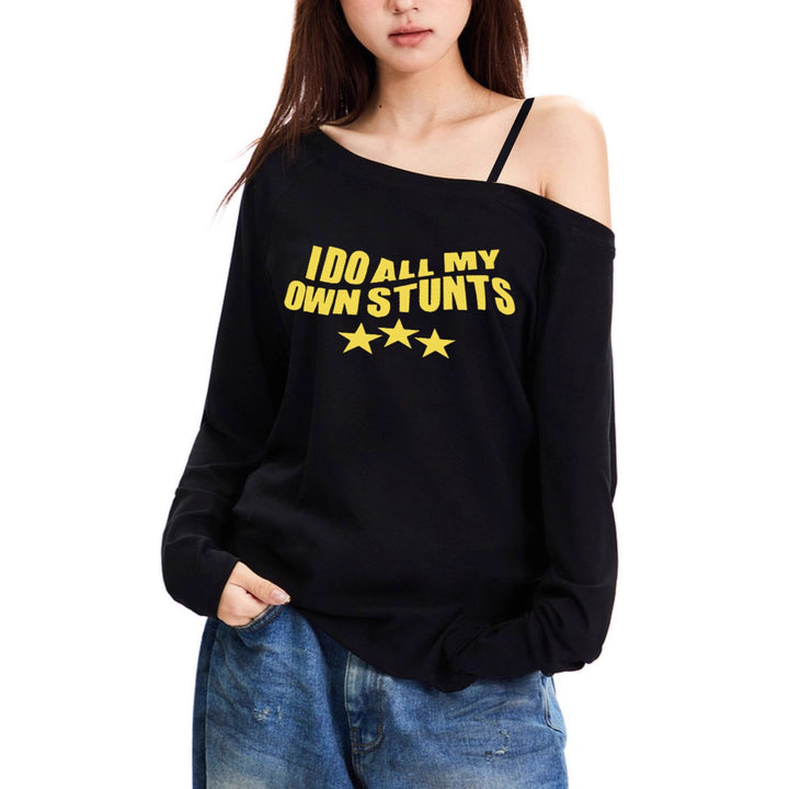 Damen nan lässiges asymmetrisches Off-Shoulder Langarmshirt mit auffälligem Statement-Print und lockerer Oversize-Passform Drune