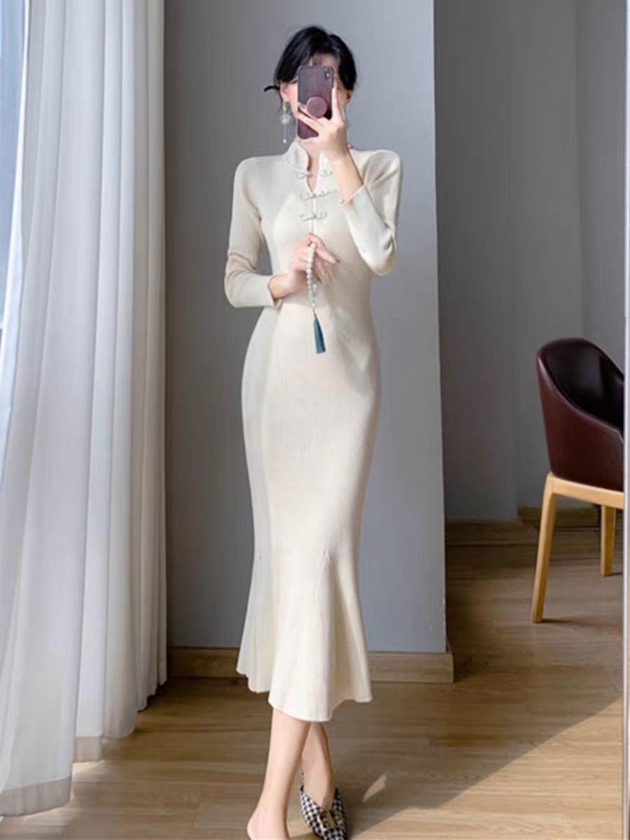 Damen Strickkleid mit eleganter Knopfleiste und langen Ärmeln Drune