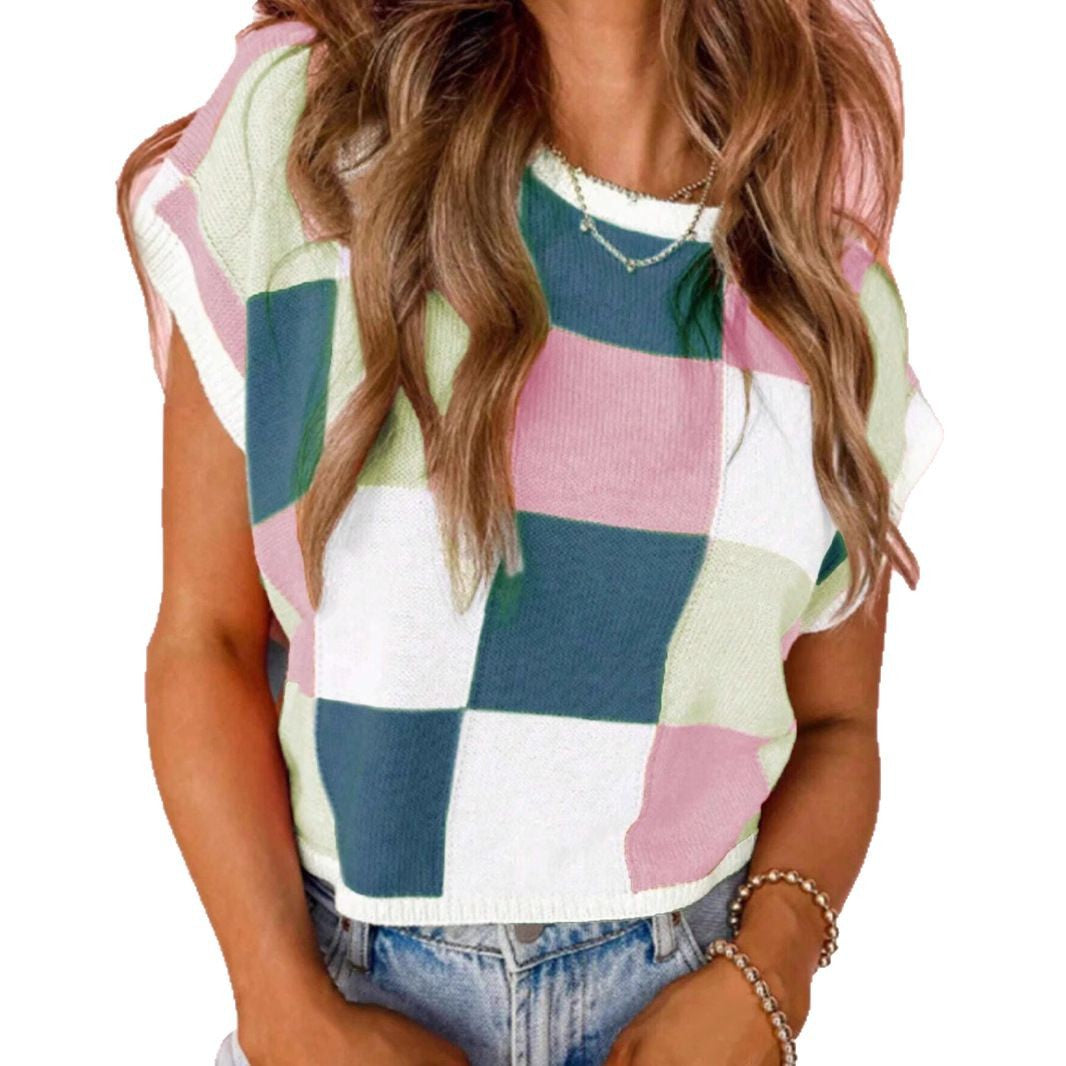 Damen gemusterter Kurzarm Pullover im Patches-Design Drune