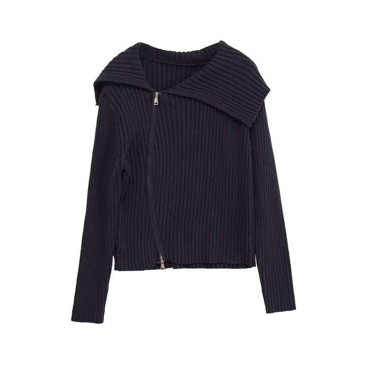 Damen Rippenstrickjacke mit großem Kragen und asymmetrischem Reißverschluss Drune