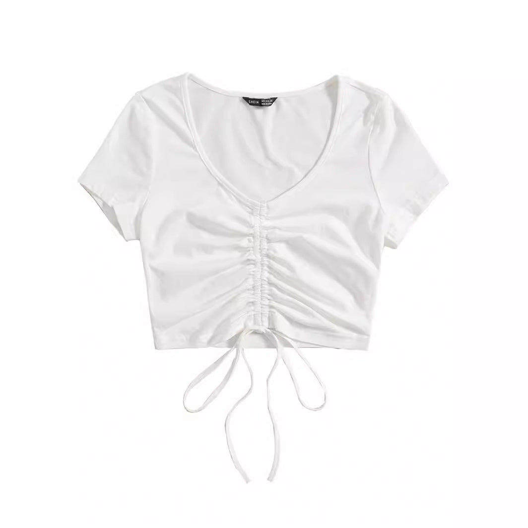 Damen Cropped Top mit raffinierten Rüschendetails und Kordelzug Drune