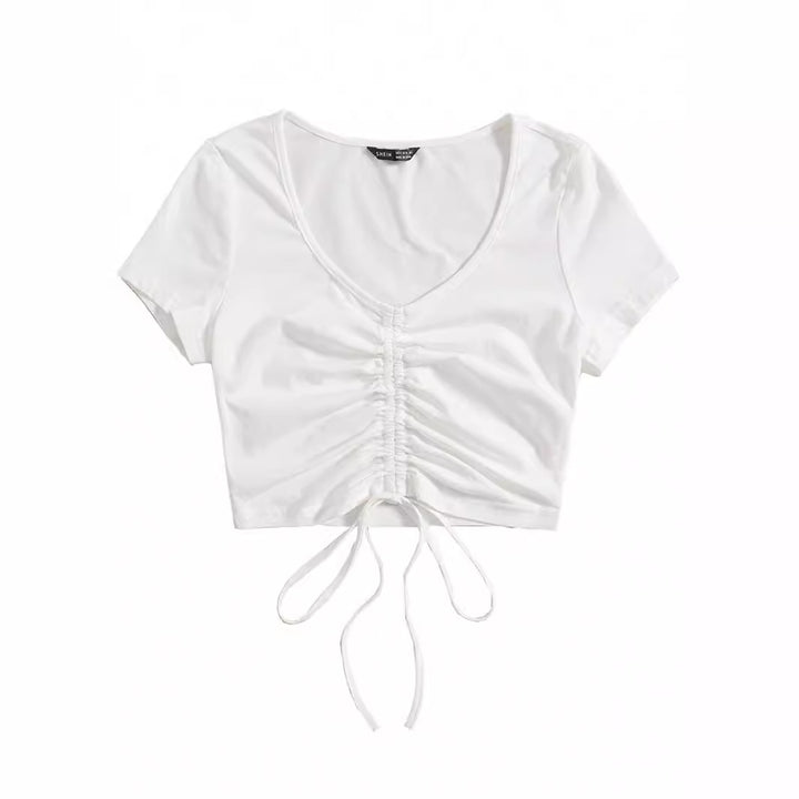 Damen Cropped Top mit raffinierten Rüschendetails und Kordelzug Drune