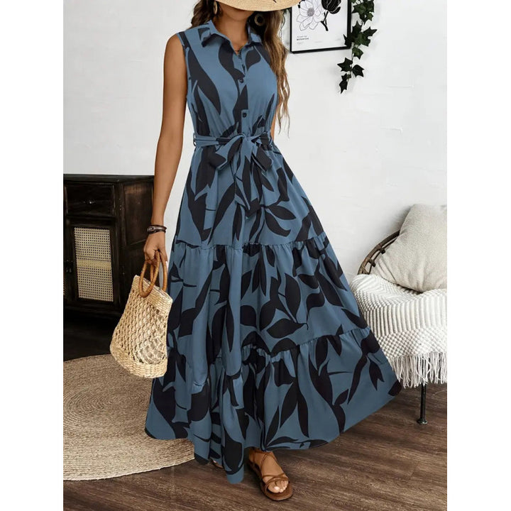 Damen Maxi-Kleid mit maskulinem Blätterdruck und tailliertem Gürtel Drune