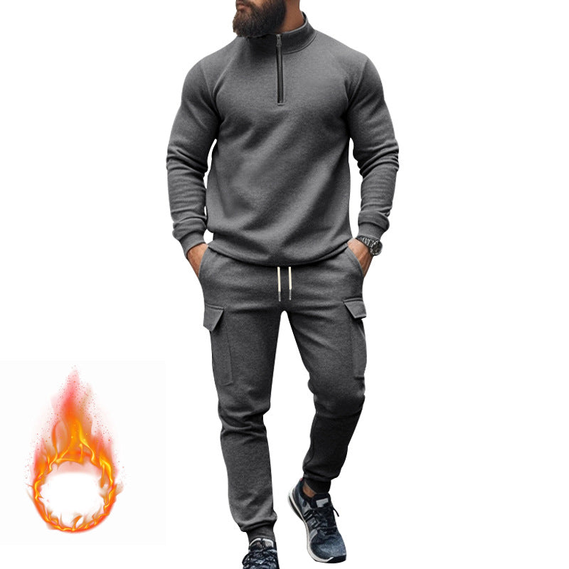 Herren nan sportives Cargo-Joggingset mit Halbzip-Stehkragen, wärmendem Fleece-Innenfutter und großzügigen Klapptaschen Drune