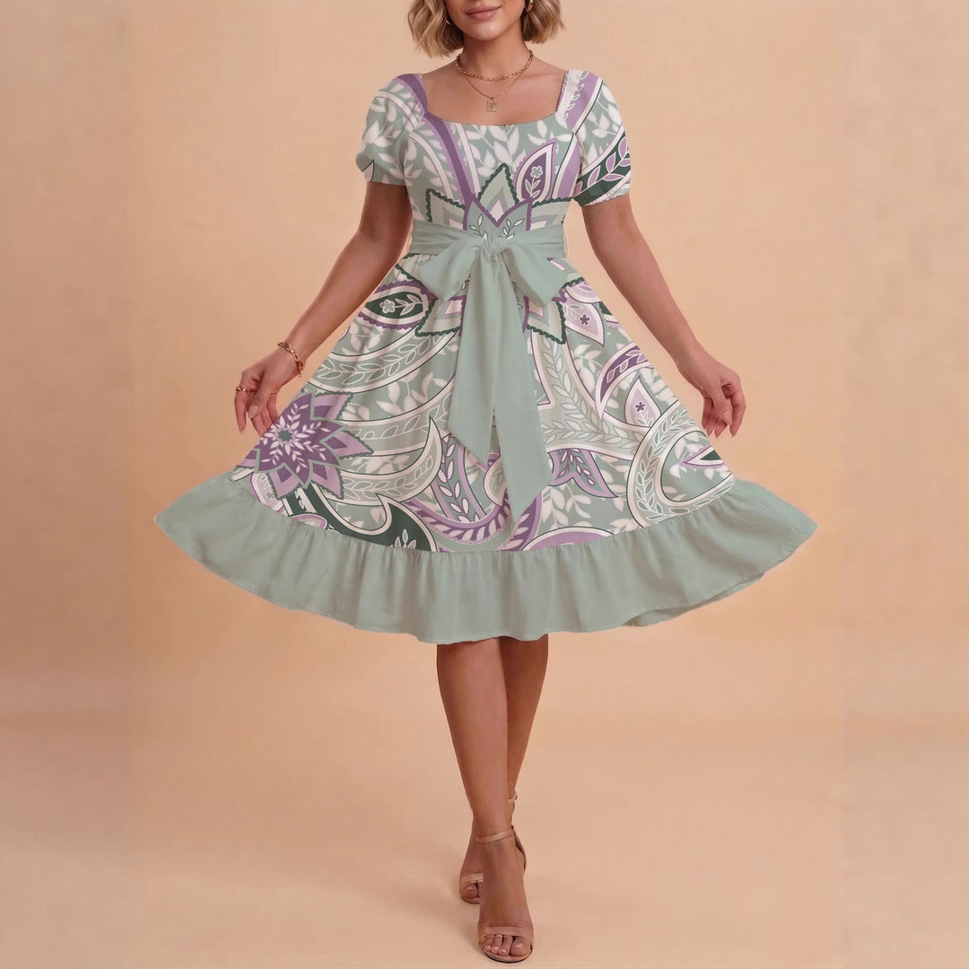 Damen modernes Blumenkleid mit elegantem Taillengürtel und asymmetrischem Saum Drune