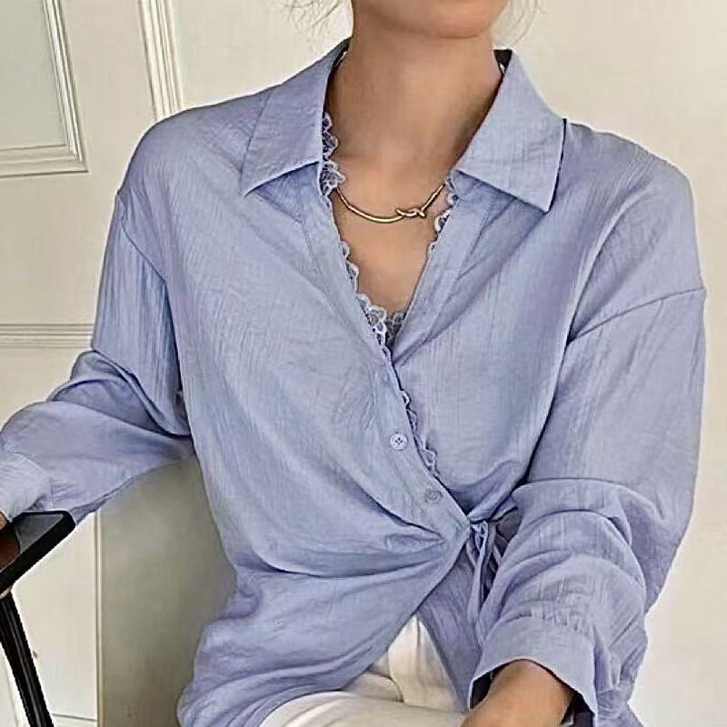 Damen Elegante Bluse mit Knoten-Detail und Rüschensaum Drune