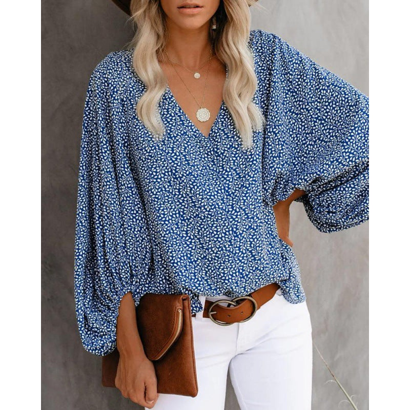 Damen Modische Bluse mit weitem Arm und V-Ausschnitt Drune