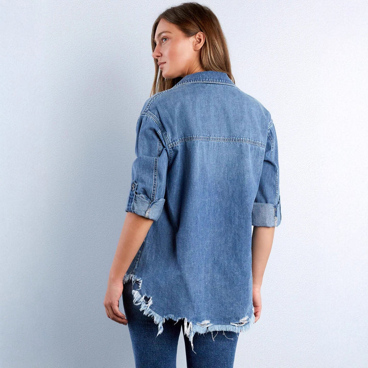 Damen Denim-Bluse mit Herz-Applikation und fransigem Saum Drune