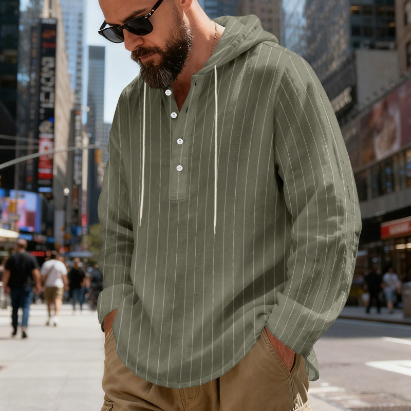 Herren nan gestreiftes Henley-Kapuzenhemd mit Langarm, lockerem Schnitt und Kordelzug Drune