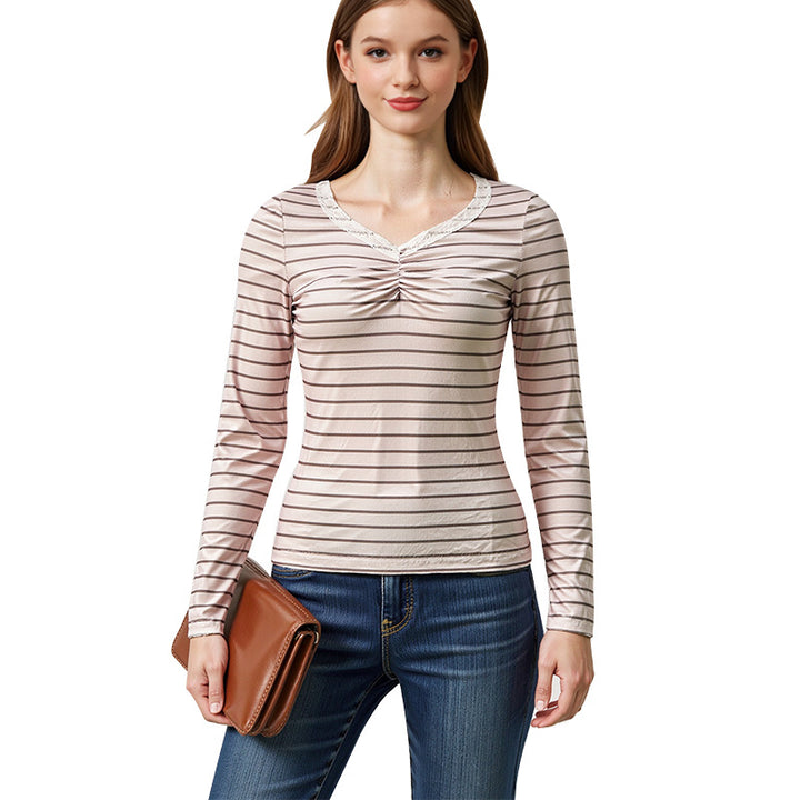 Damen Langarmshirt mit modischen Rüschendetails und gestreiftem Design Drune