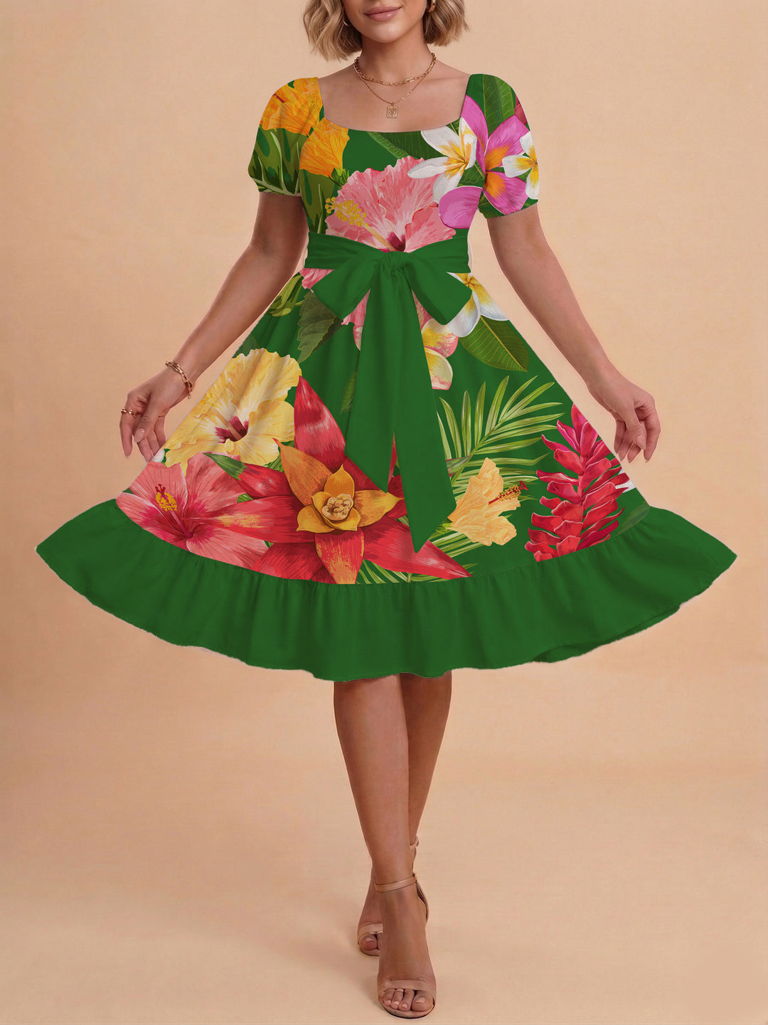 Damen modernes Blumenkleid mit elegantem Taillengürtel und asymmetrischem Saum Drune