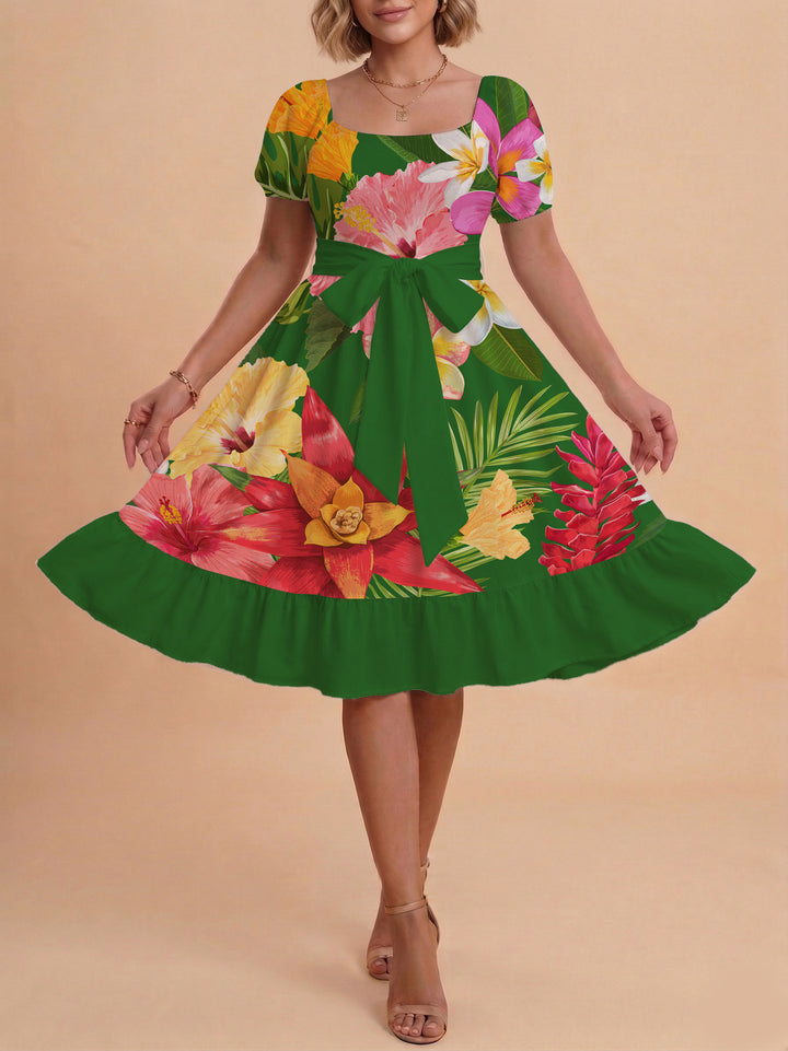 Damen modernes Blumenkleid mit elegantem Taillengürtel und asymmetrischem Saum Drune